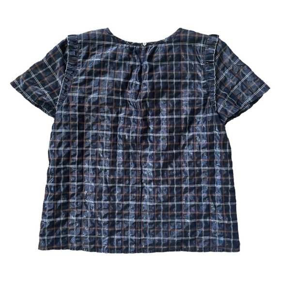 LOFT Metallic Navy Plaid Ruffle Short Sleeve Top, L - Picture 4 of 12